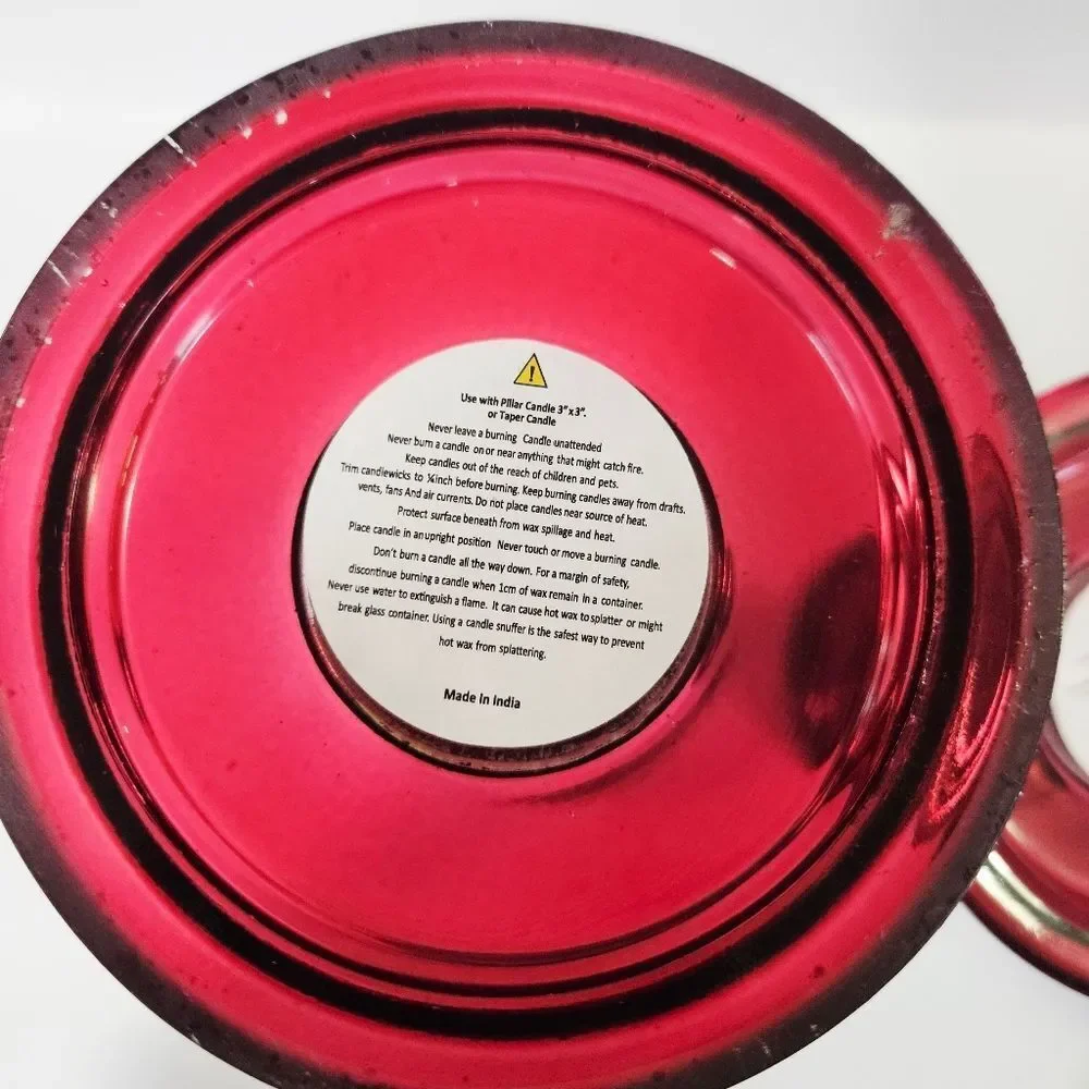 Vintage Large Tall Red Cranberry Blown Glass Pedestal Candle Holders Set of Two
